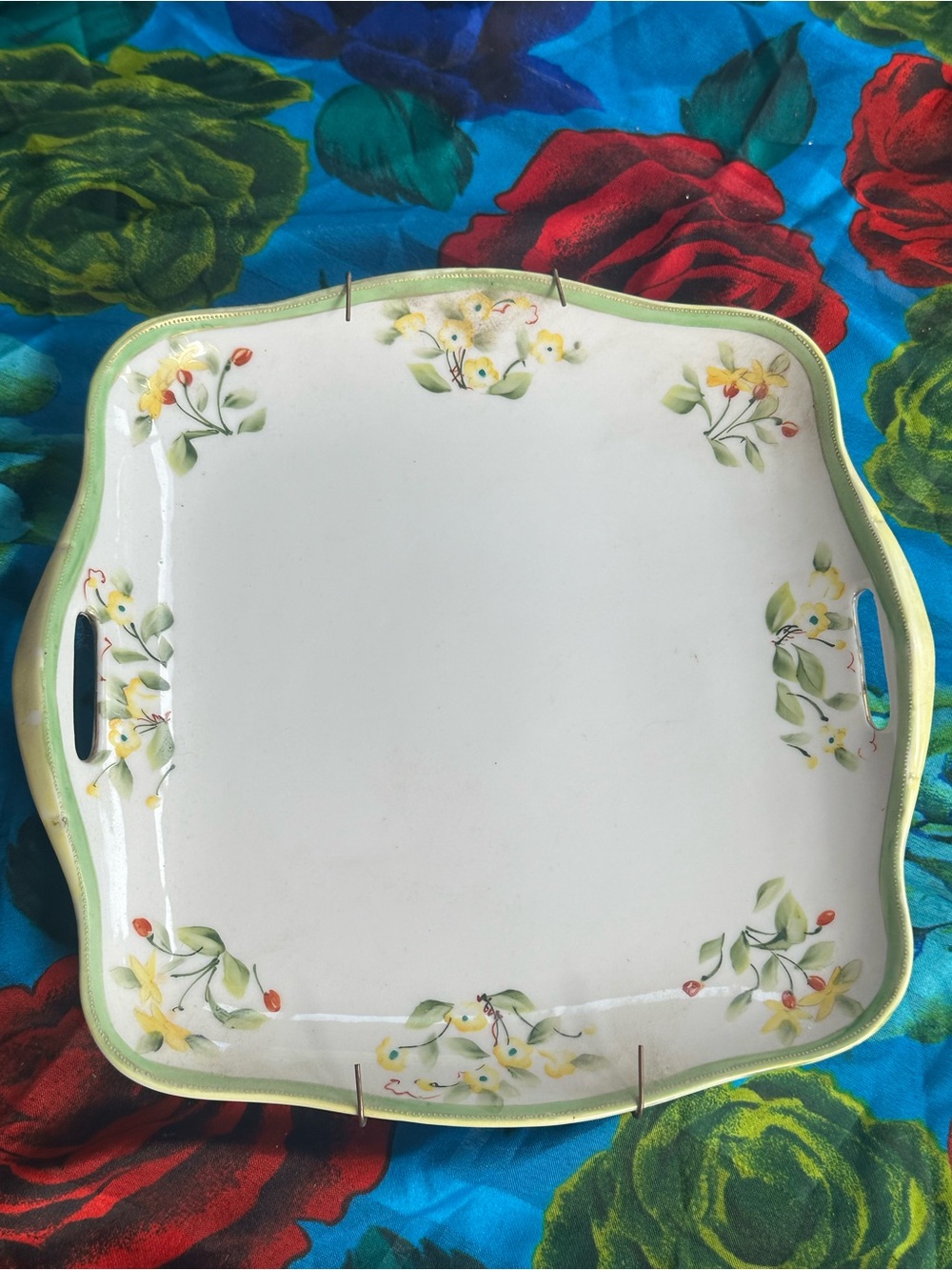 Antique Hand Painted Nippon Serving Tray with Green Border Yellow Floral Design